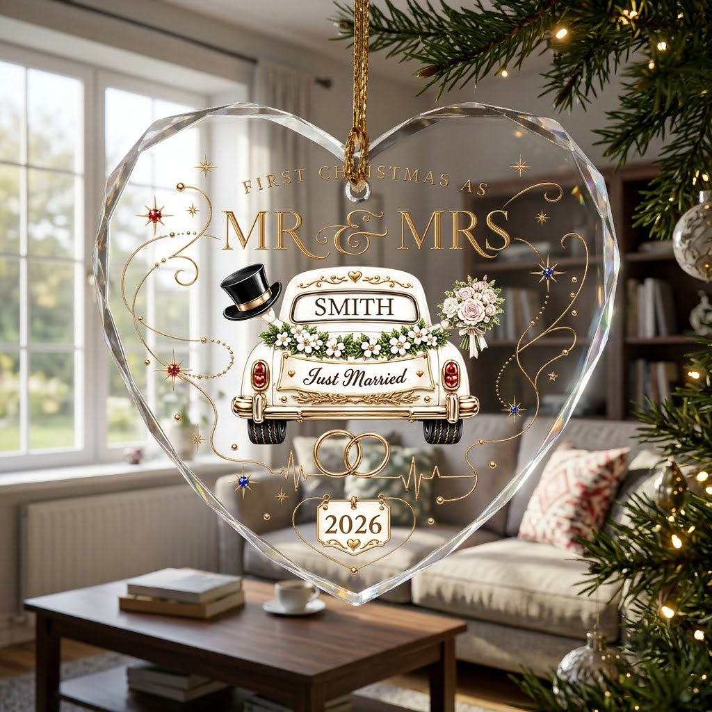 Personalized First Christmas as Mr & Mrs Vintage Just Married Car Heart Glass Ornament