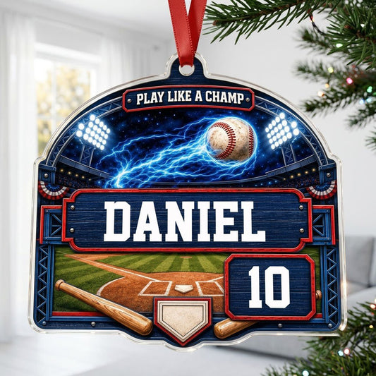 Arch acrylic ornament with flaming baseball in a night stadium, blue plaque, bats, home plate, name and number.
