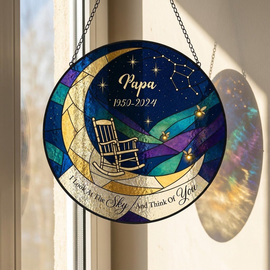 Round stained-glass suncatcher with a crescent moon, rocking chair, fireflies and a memorial banner.