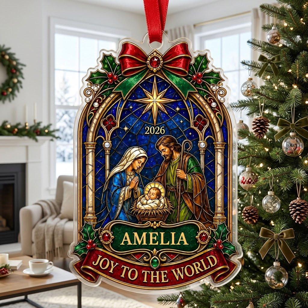 Personalized Stained Glass Nativity Scene Acrylic Ornament, Custom Holy Family Christmas Keepsake