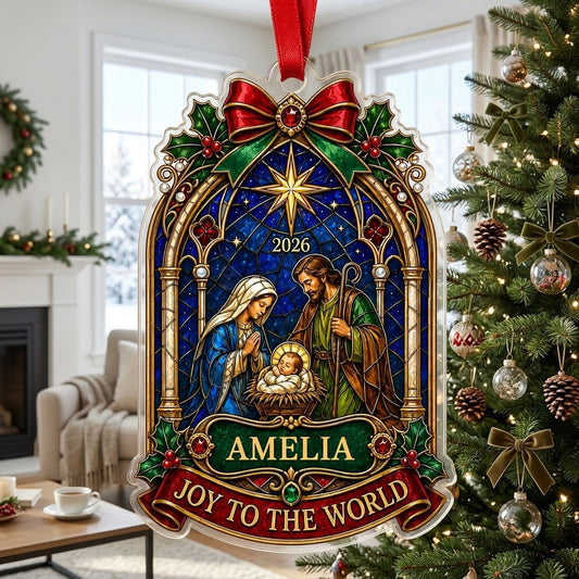 Personalized Stained Glass Nativity Scene Acrylic Ornament, Custom Holy Family Christmas Keepsake
