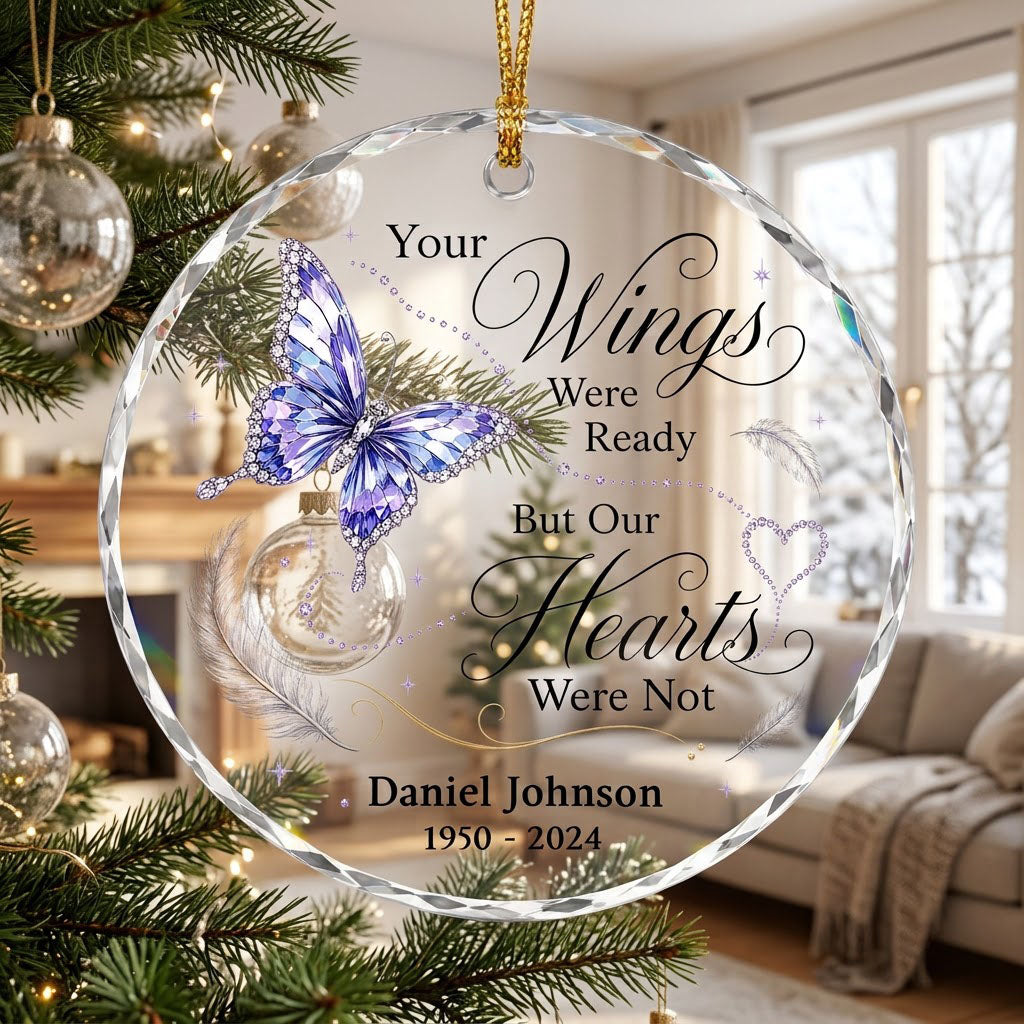 Personalized Butterfly Memorial Your Wings Were Ready Crystal Heart Glass Ornament