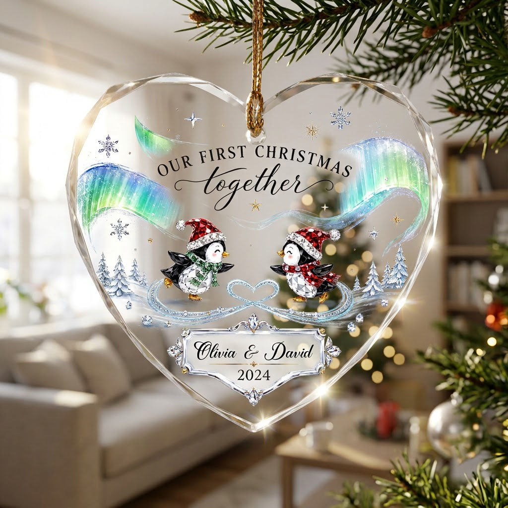 Heart glass ornament with two ice-skating penguins under green and blue aurora with names and date.