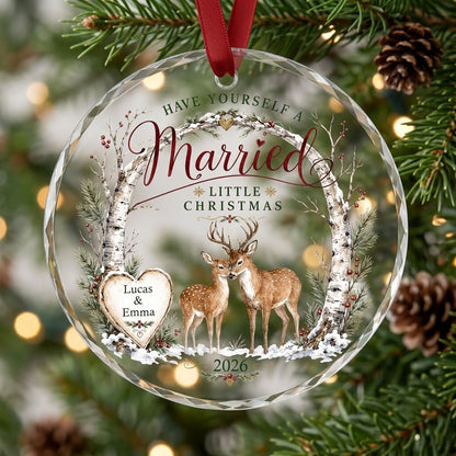 Personalized Have Yourself A Married Little Christmas Birch Deer Round Glass Ornament