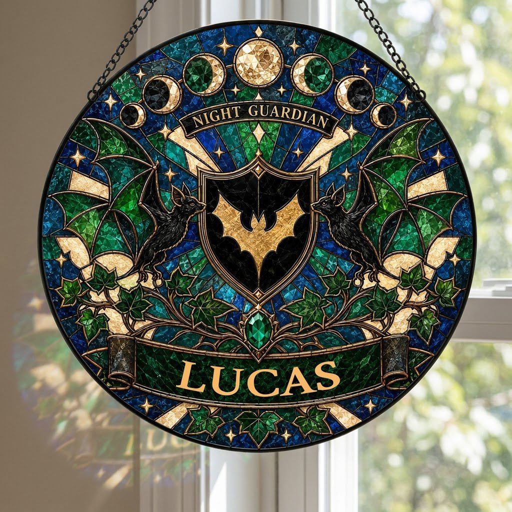 Round stained-glass suncatcher with gold bat shield, two black bats, moon phases, emerald gem, ivy and starbursts.