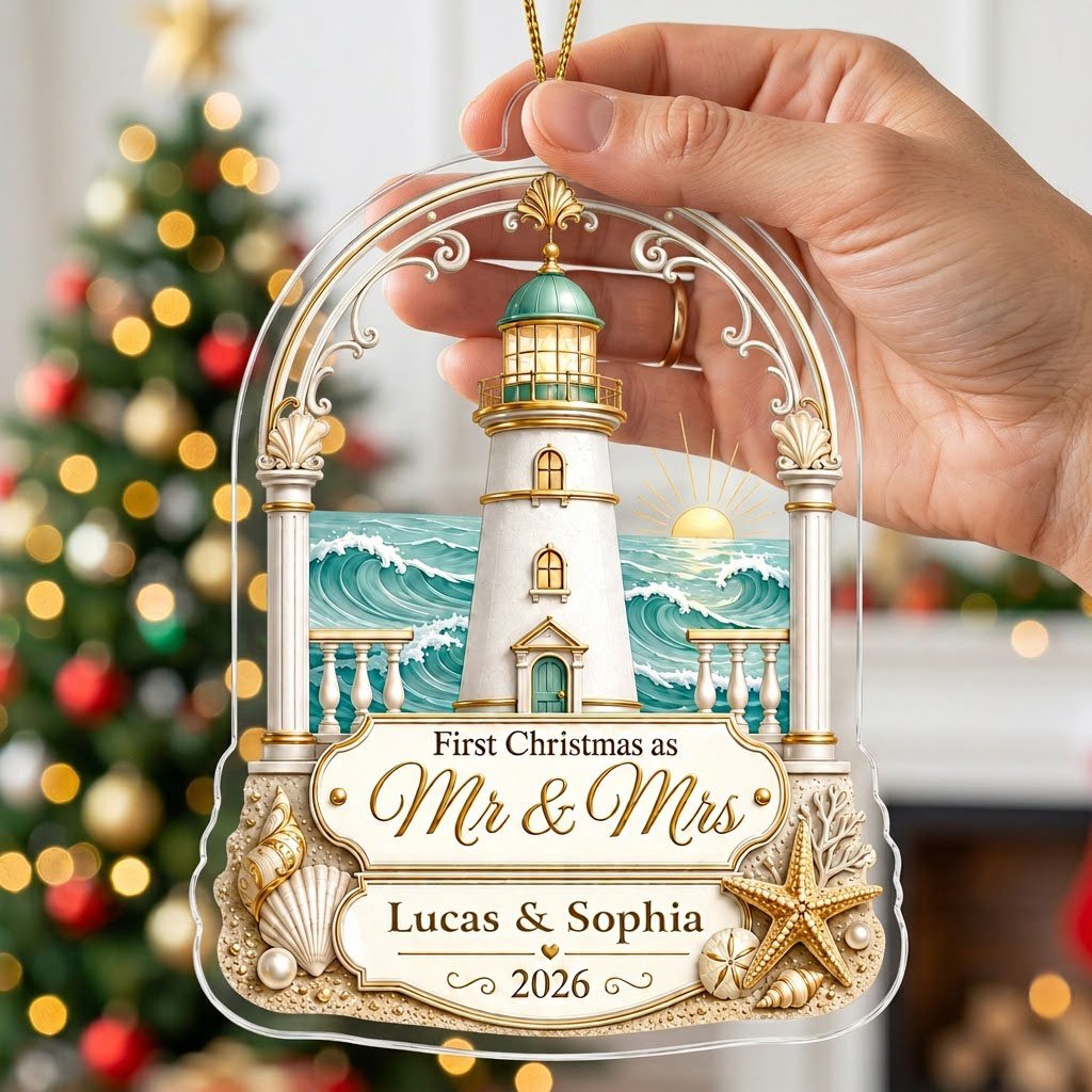Personalized Coastal Lighthouse First Christmas as Mr & Mrs Acrylic Ornament, Custom Beach Wedding Keepsake