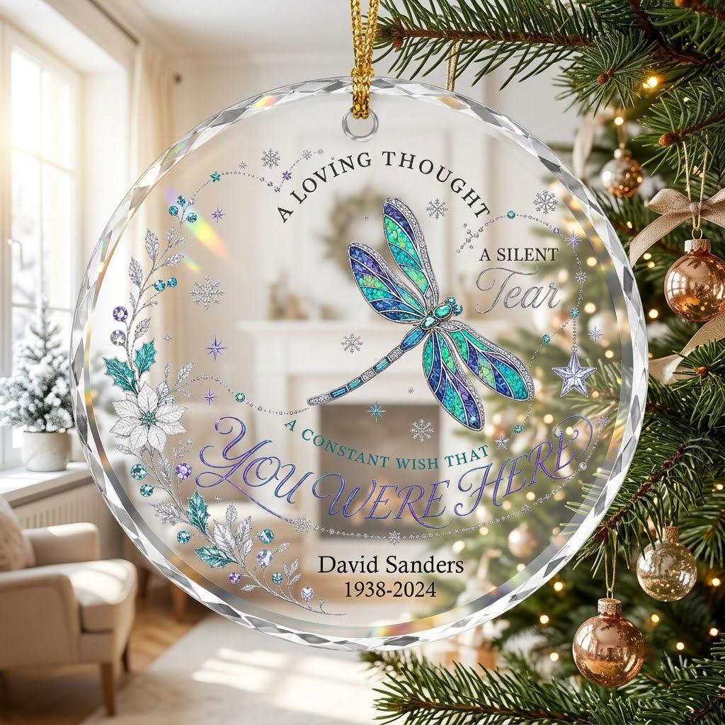 Personalized Dragonfly Memorial You Were Here Round Glass Ornament