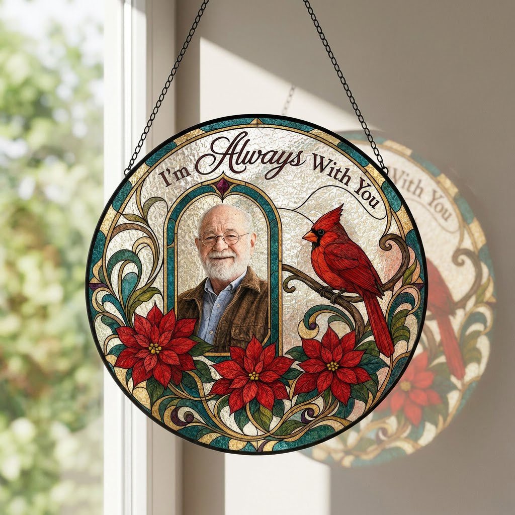 Round stained-glass style suncatcher with arched photo window, red cardinal, three red poinsettias and the words I'm Alw