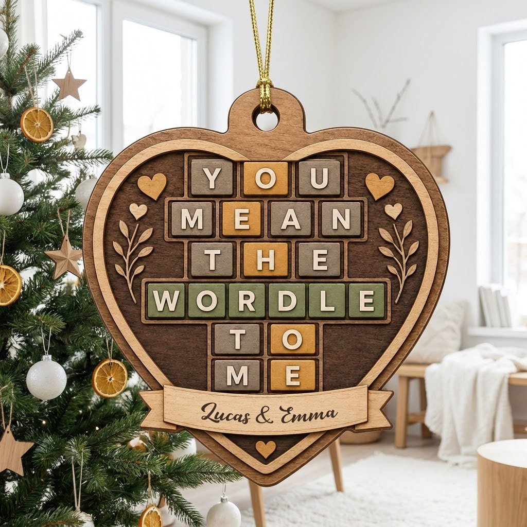 Heart-shaped wood ornament with Wordle-style tiles reading You Mean The Wordle To Me and names on a bottom banner.