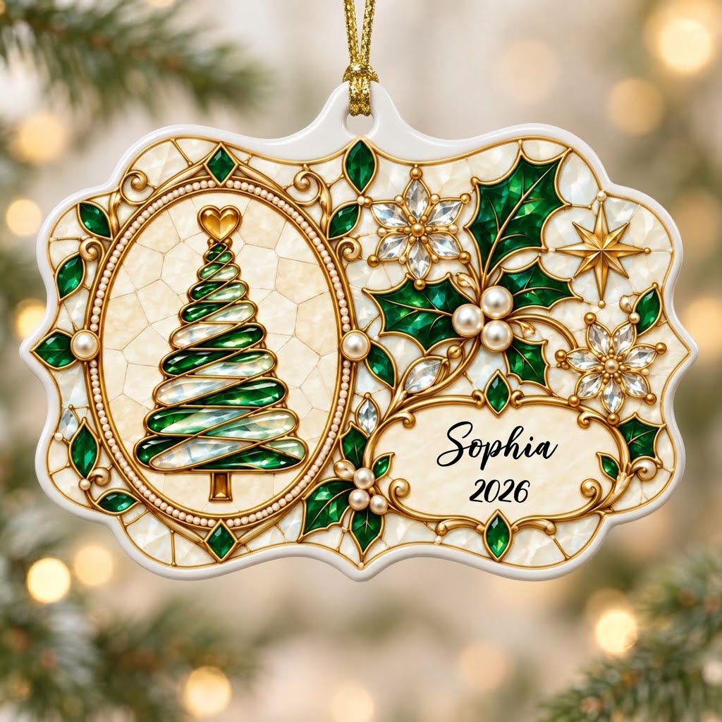 Scalloped ceramic ornament with emerald swirl tree, gold filigree, pearl accents, and a name-and-year cartouche.