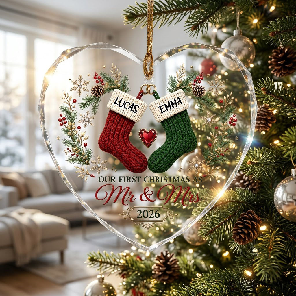 Heart-shaped glass ornament with red and green stockings hanging from gold rings and a red gemstone heart