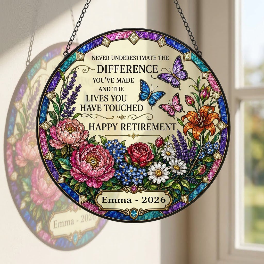 Personalized Retirement Floral Garden Never Underestimate The Difference Happy Retirement Stained Glass Round Suncatcher