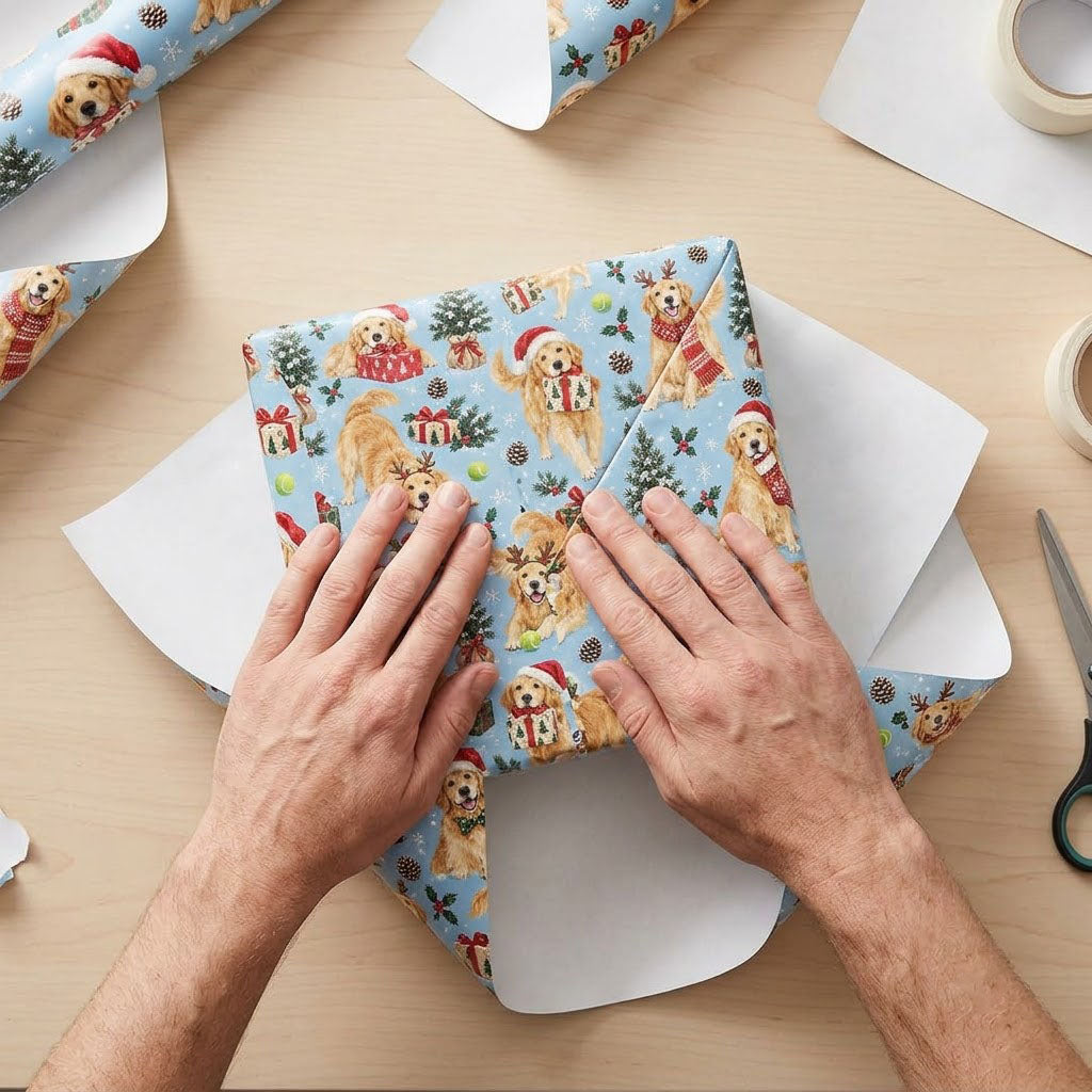 Light blue wrapping paper with Golden Retrievers in festive accessories, Christmas trees, gifts and snowflakes.