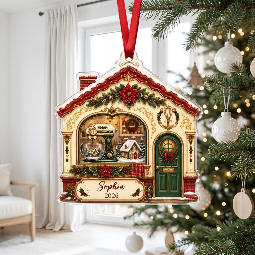 House-shaped acrylic ornament with baking scene, stand mixer, wreaths, and name and year on the bottom banner.
