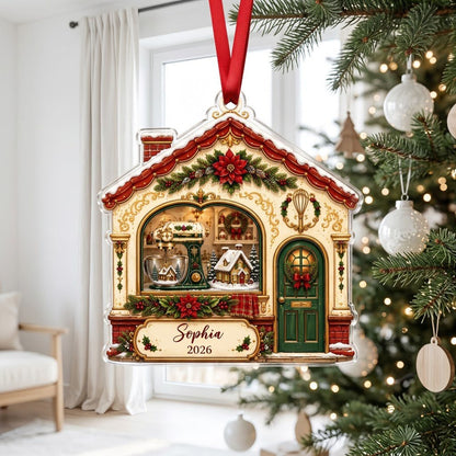 House-shaped acrylic ornament with baking scene, stand mixer, wreaths, and name and year on the bottom banner.