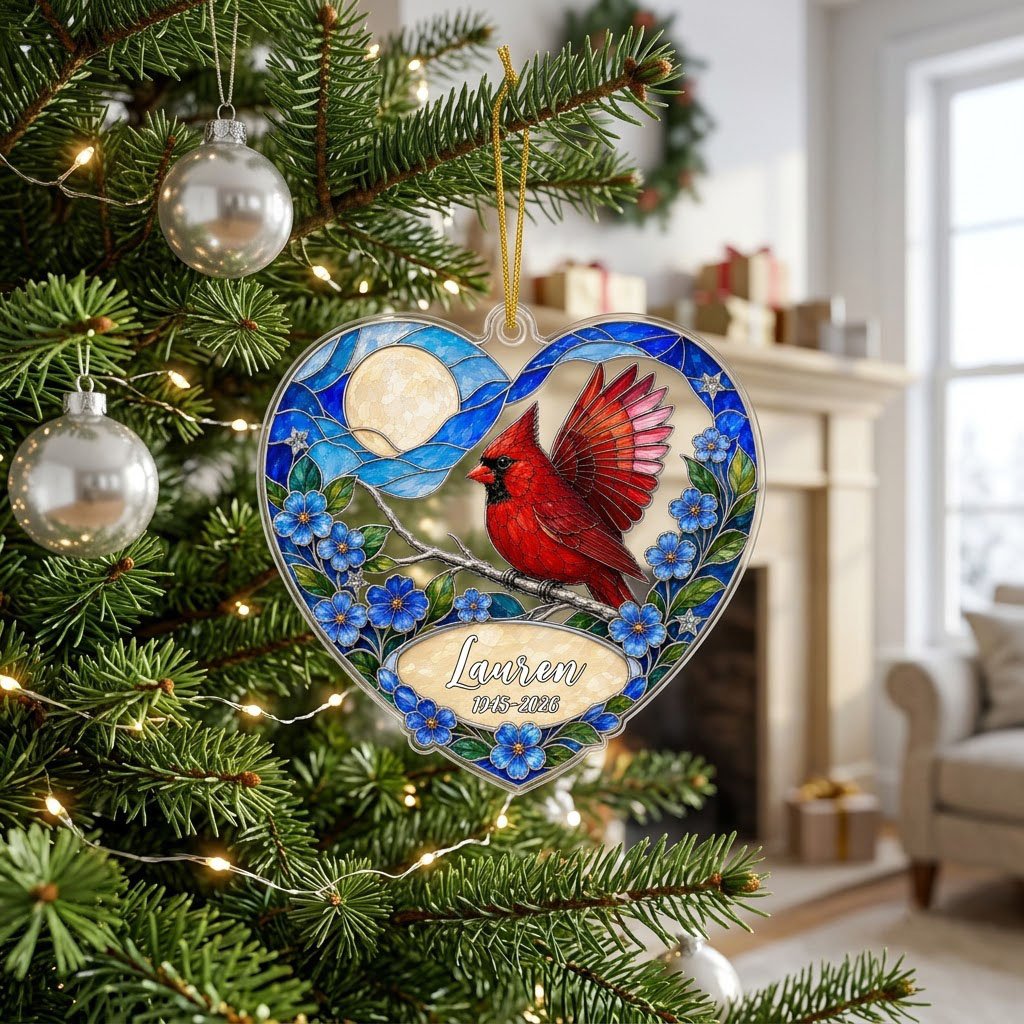 Personalized Red Cardinal Heart Memorial Acrylic Ornament