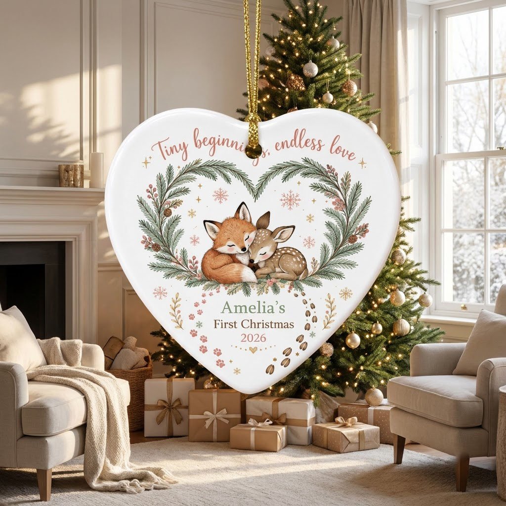Heart ceramic ornament with sleeping baby fox and fawn in an evergreen wreath with berries and snowflakes.