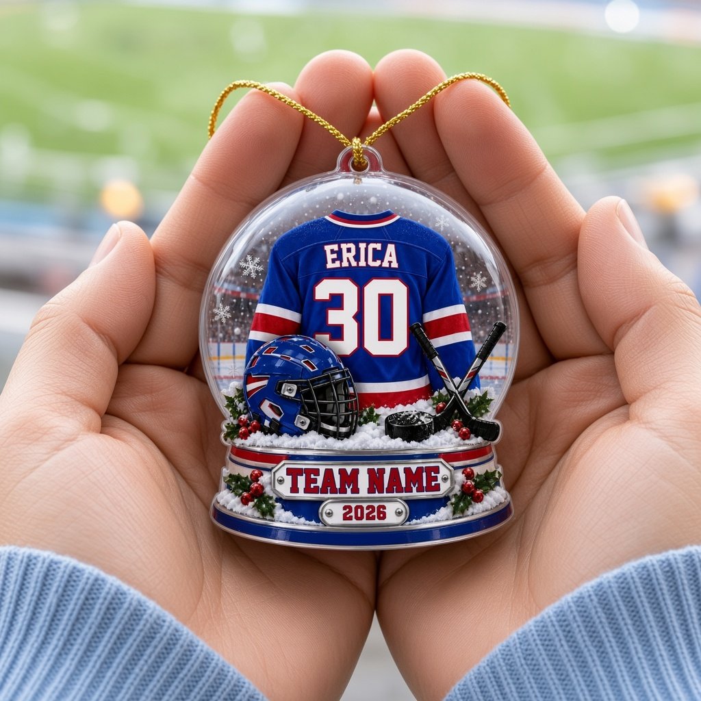 A custom-cut snow globe acrylic ornament with hockey jersey, helmet, crossed sticks, puck, and holly on the base.