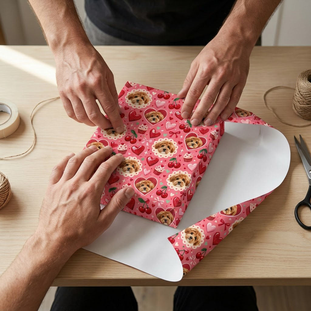 Pink gift wrap with light brown puppy faces, hearts, cherries, cupcakes, bows and sparkles in a repeating pattern