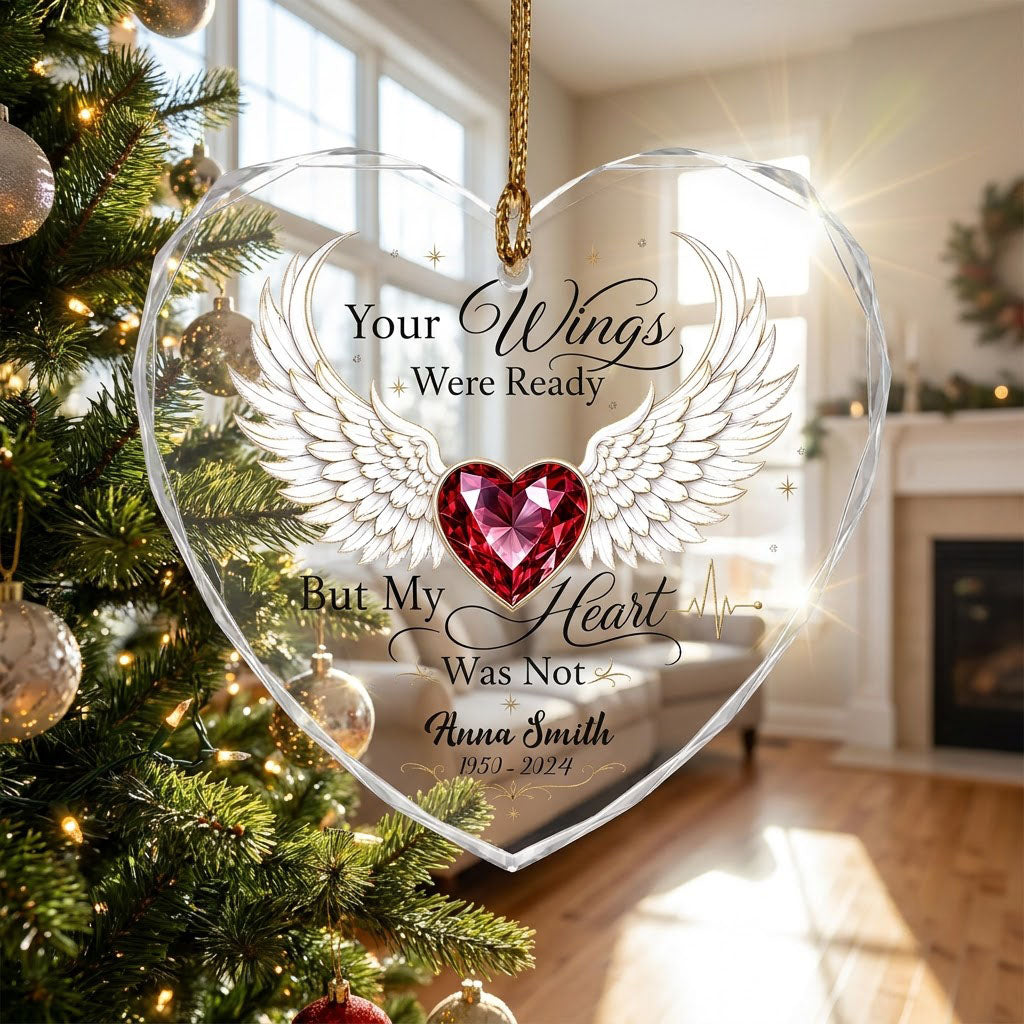 Personalized Angel Wings Memorial Your Wings Were Ready Ruby Heart Glass Ornament