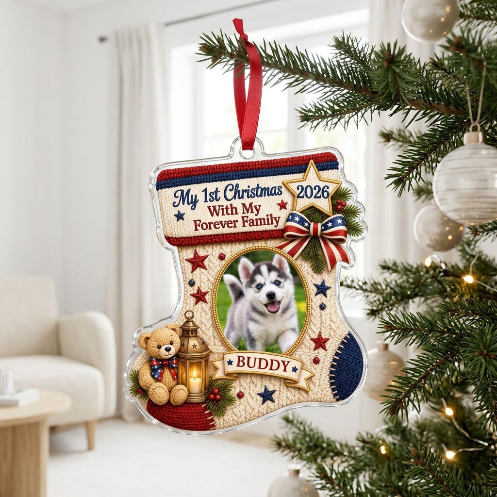 Stocking-shaped acrylic ornament with faux-knit design, pet photo oval, teddy bear, lantern and patriotic bow.