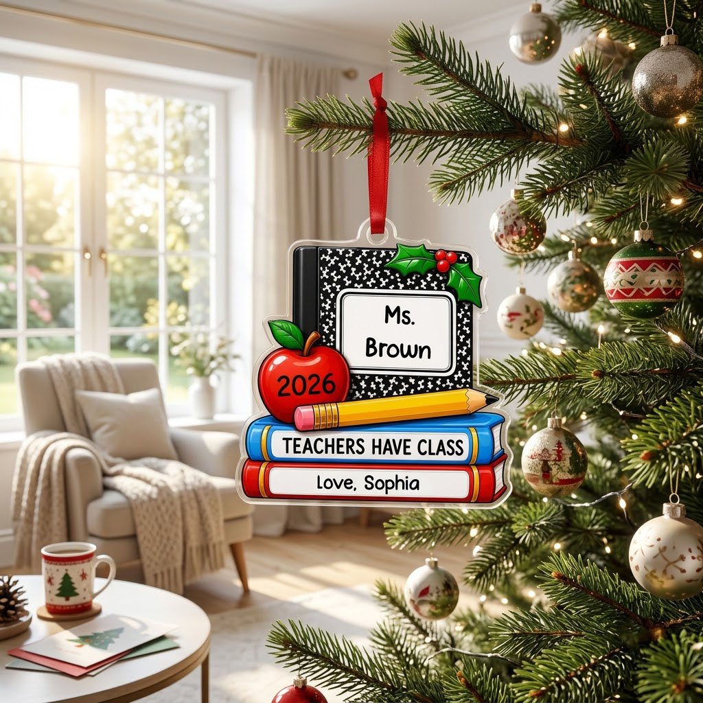 Personalized Teacher Composition Book Stack Acrylic Ornament, Custom School Appreciation Keepsake
