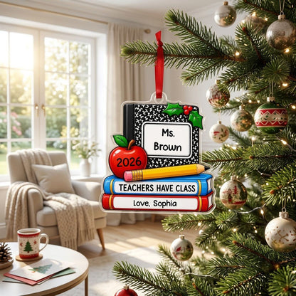 Personalized Teacher Composition Book Stack Acrylic Ornament, Custom School Appreciation Keepsake