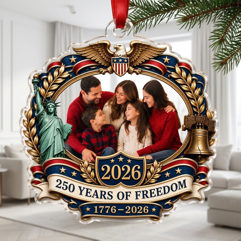 Ornate scalloped acrylic ornament with eagle, Statue of Liberty, Liberty Bell and an oval family photo frame.