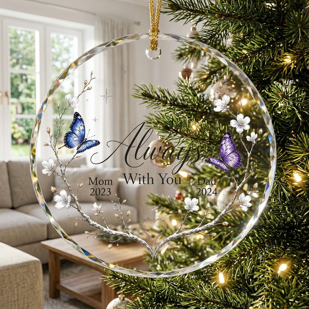 Round glass ornament with branch wreath, white blossoms, blue and purple butterflies, and Always With You text.
