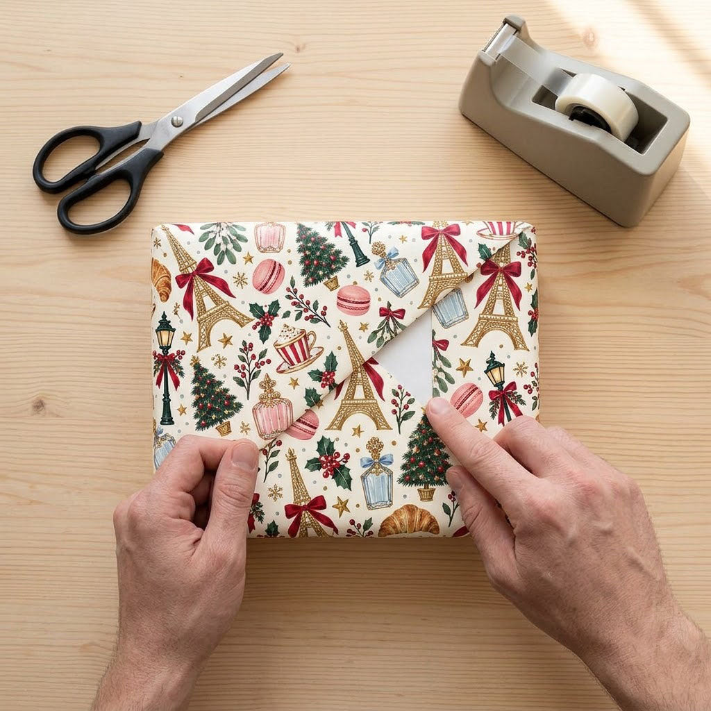 Cream paper with gold Eiffel Towers, Christmas trees, street lamps, macarons, croissants, holly and stars pattern.