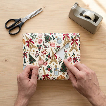 Cream paper with gold Eiffel Towers, Christmas trees, street lamps, macarons, croissants, holly and stars pattern.