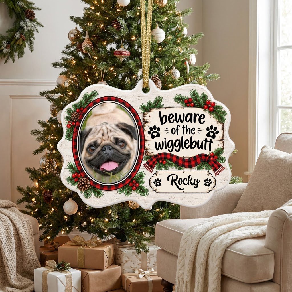 Medallion ornament with buffalo plaid dog photo frame, evergreens, and 'beware of the wigglebutt' text