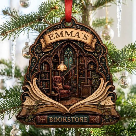 Arched wood ornament with an open-book frame, vintage library scene, ivy accents, and BOOKSTORE text with a personalized