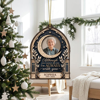 Gothic arch memorial wood ornament with crescent moon photo frame and starry sky with rhinestone accents.