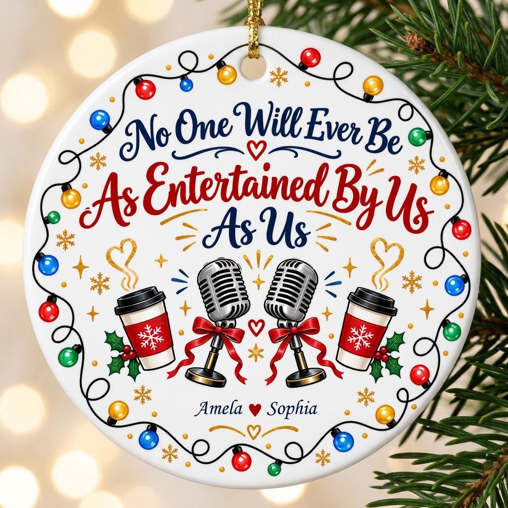 Round ceramic ornament with lights border, two microphones with red bows, and two coffee cups with heart steam.