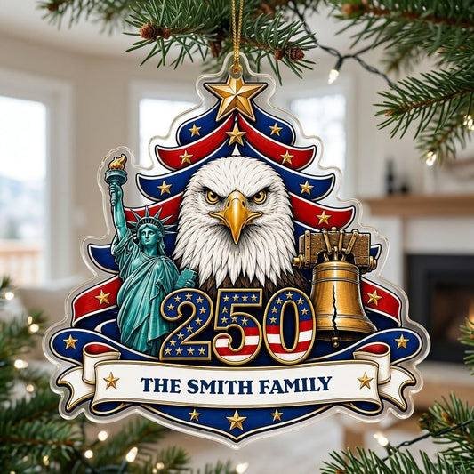 Personalized USA 250th Anniversary Tree Acrylic Ornament, Custom Patriotic American Keepsake