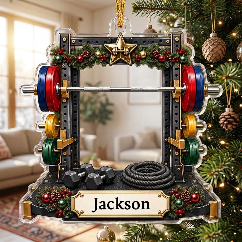 A squat rack-shaped acrylic ornament with garland, barbell, dumbbells, and a photo cutout above a name plaque.