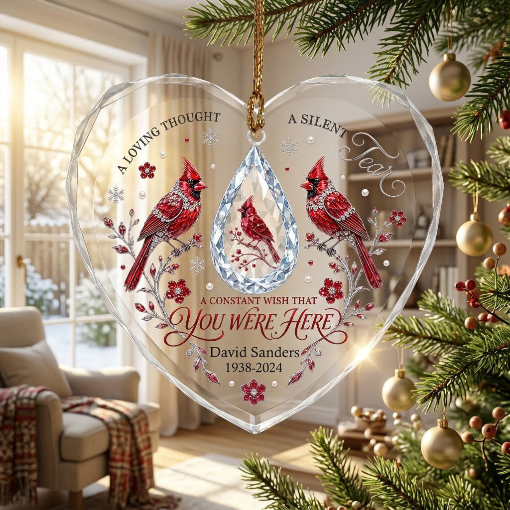 Personalized Red Cardinals Crystal Teardrop Memorial Heart Glass Ornament