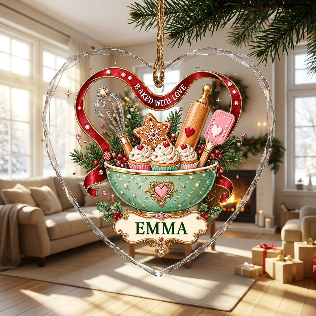 Heart stained glass suncatcher with mint mixing bowl, cupcakes, red ribbon, holly, and gold plaque BAKED WITH LOVE.