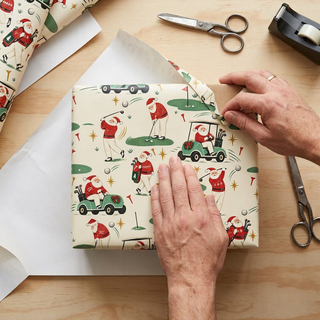 Wrapping paper with Santa Claus golfing, golf carts, trees, ornaments and golf gear on a cream background.