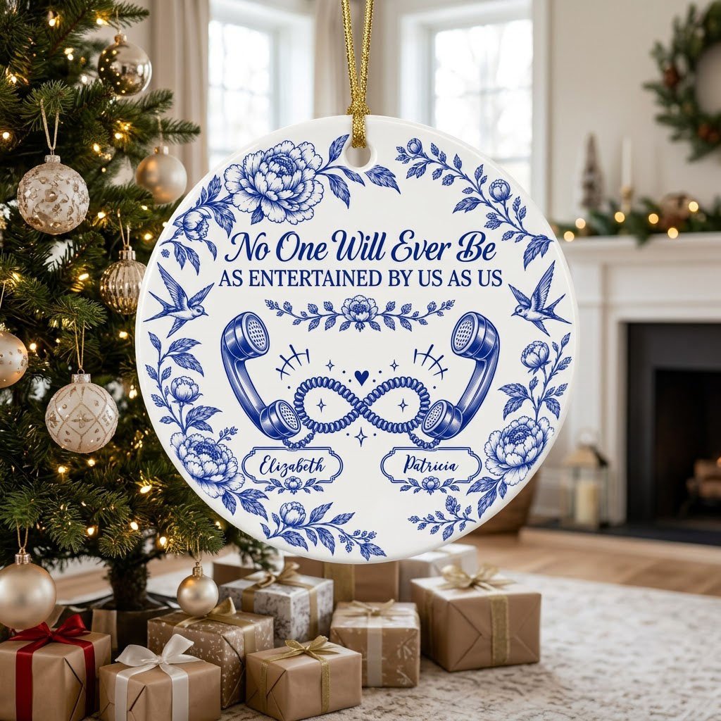 Blue toile round ornament with crown, swallows, vintage phones in an infinity and two name banners