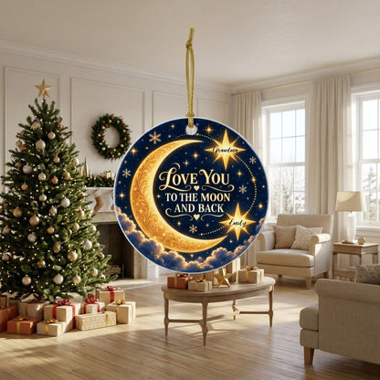 Round ceramic ornament with golden crescent moon, navy sky, stars, and 'LOVE YOU TO THE MOON AND BACK'.