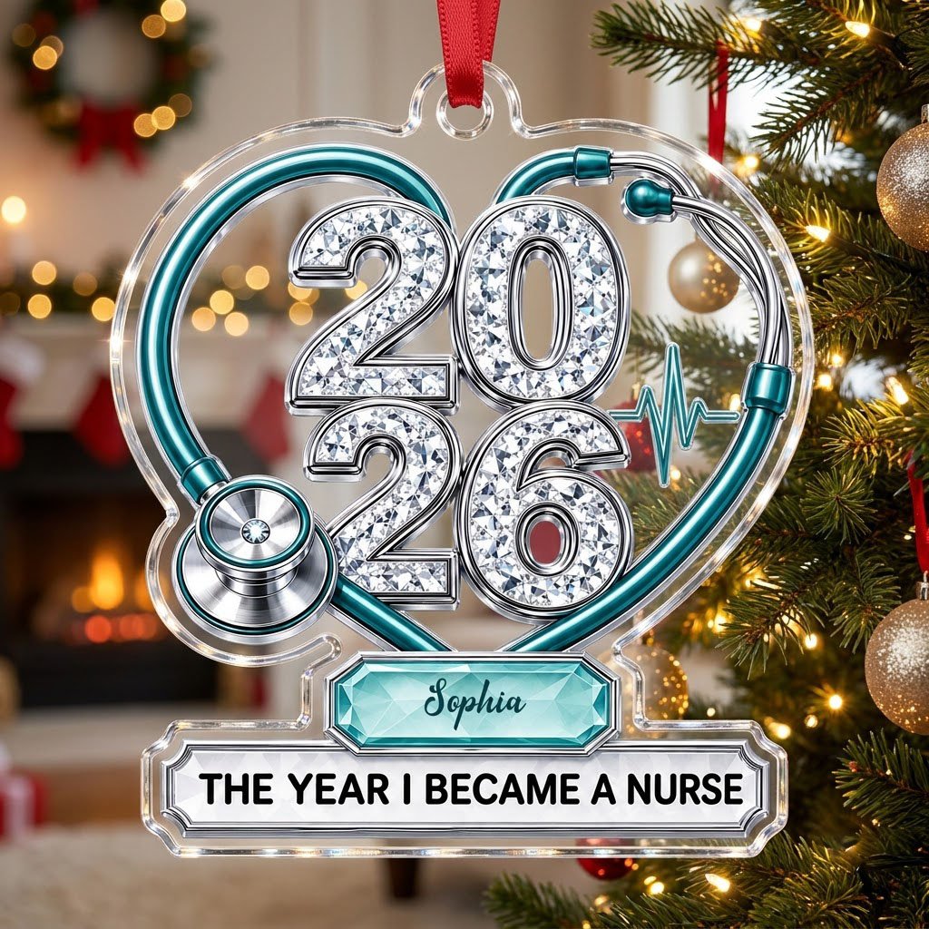 Clear acrylic ornament with a teal stethoscope heart, diamond 2026 numerals, teal ECG wave, and a personalized name bann