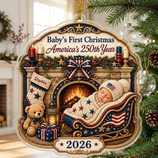 Personalized America 250th Baby's First Christmas Fireplace Acrylic Ornament, Custom Patriotic Newborn Keepsake
