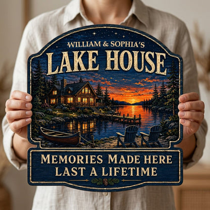 Personalized Lake House Night Sunset Wooden Hanging Sign