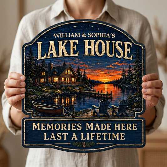 Personalized Lake House Night Sunset Wooden Hanging Sign