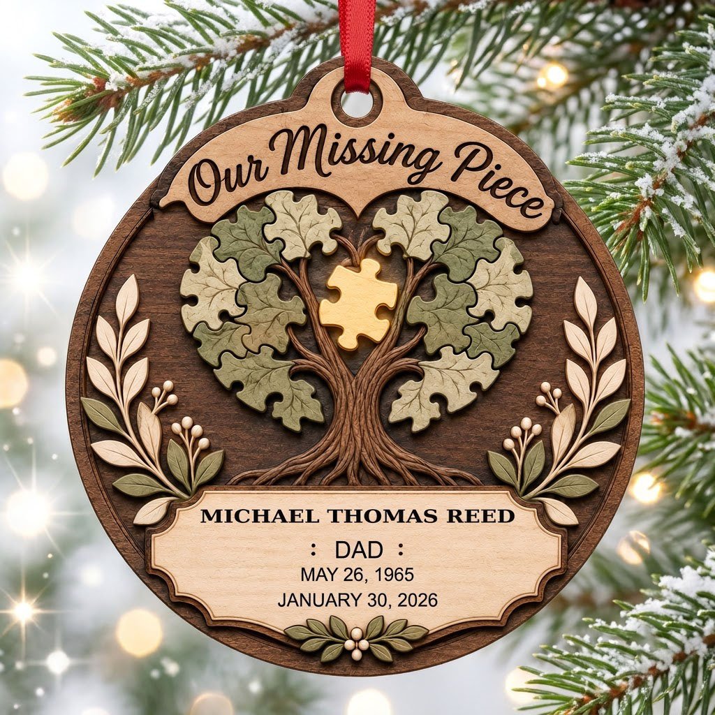 Round wood ornament displays “Our Missing Piece” with a puzzle-piece family tree and a gold missing piece at the center.