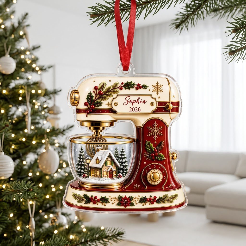 Stand mixer-shaped acrylic ornament with holly, gold snowflakes, and a snowy cottage scene in a glass bowl.