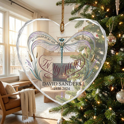 Personalized Dragonfly Memorial No Longer By My Side In My Heart Heart Glass Ornament