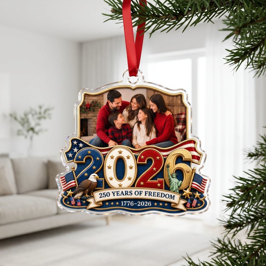 Custom-cut acrylic ornament with '2026', eagle, Statue of Liberty, flags and a gold photo frame.
